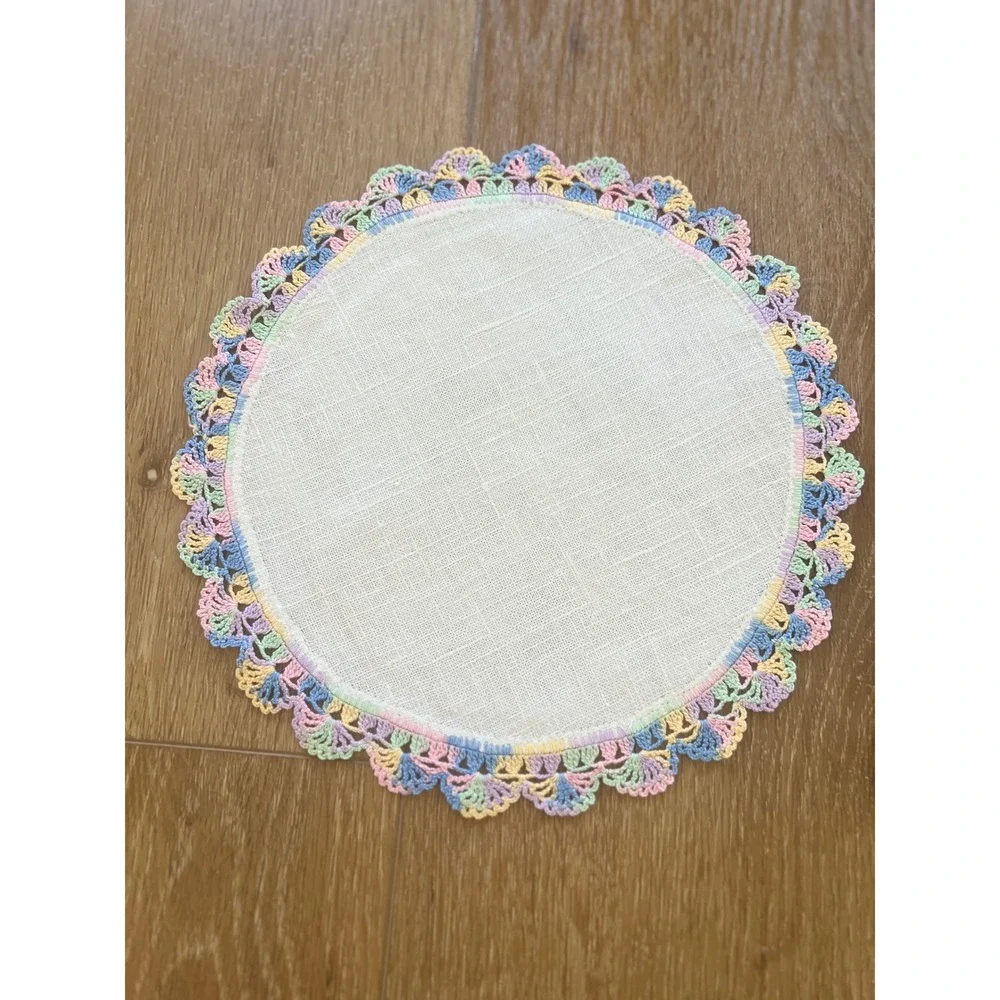 Vintage Linen Doilies Set of 3 Pastel Rainbow Crochet Lace Trim Scalloped Edge